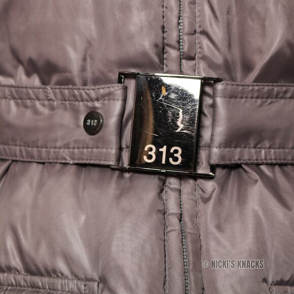 313 Tre Uno Tre Duck Down Puffer Belted Fur Hood Long Winter Coat Gray Size L - Picture 3 of 13